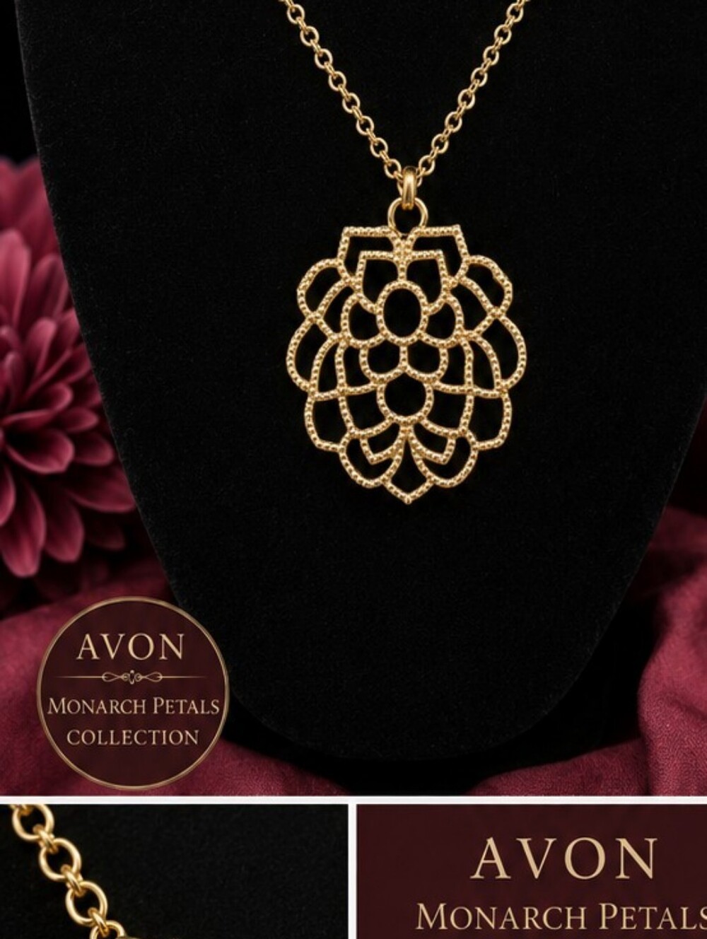 Vintage Avon Monarch Petal Gold Tone Statement Necklace Floral Pendant 24" - Picture 9 of 9